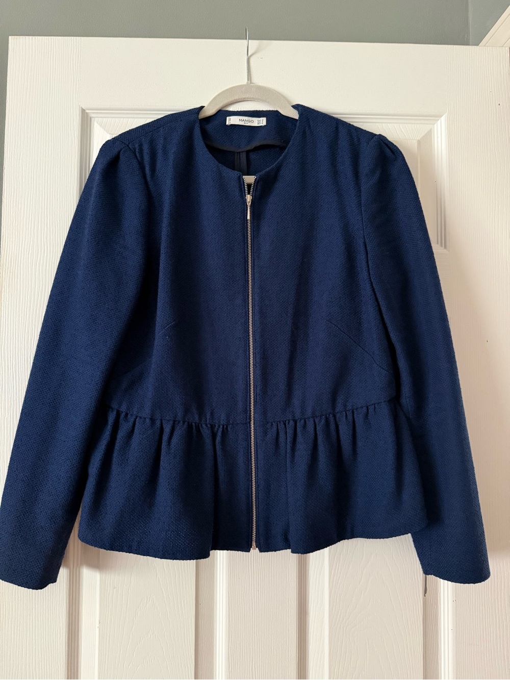 Mango Navy Zip-Front Peplum Blazer